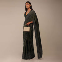 Kombu Green Saree With Stones Embellishment, Crafted In Chiffon With Stones Embellished In Buttis