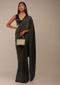 Kombu Green Saree With Stones Embellishment, Crafted In Chiffon With Stones Embellished In Buttis
