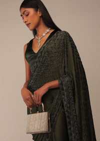 Kombu Green Saree With Stones Embellishment, Crafted In Chiffon With Stones Embellished In Buttis