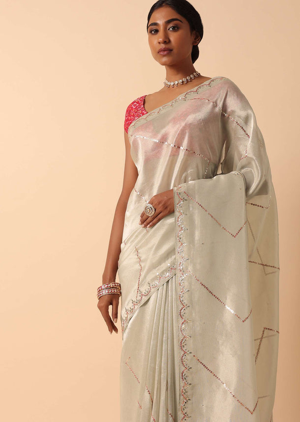 Kora Silk Beige Saree With Unstitched Blouse Fabric