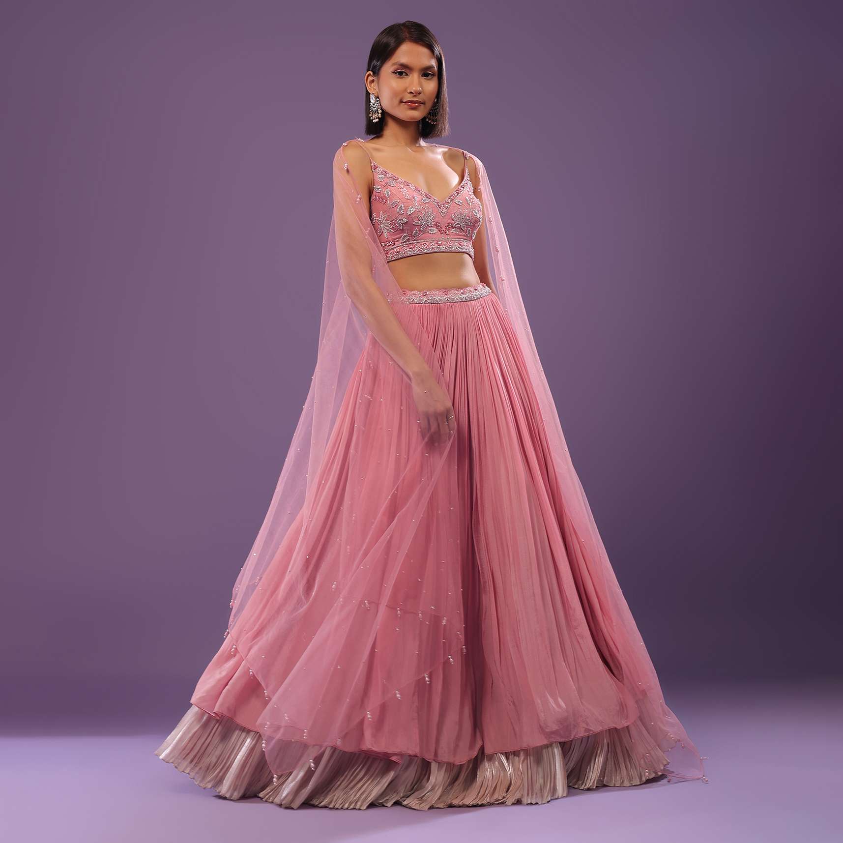 Petal Pink Embroidered Bridesmaid Lehenga Set In Crepe