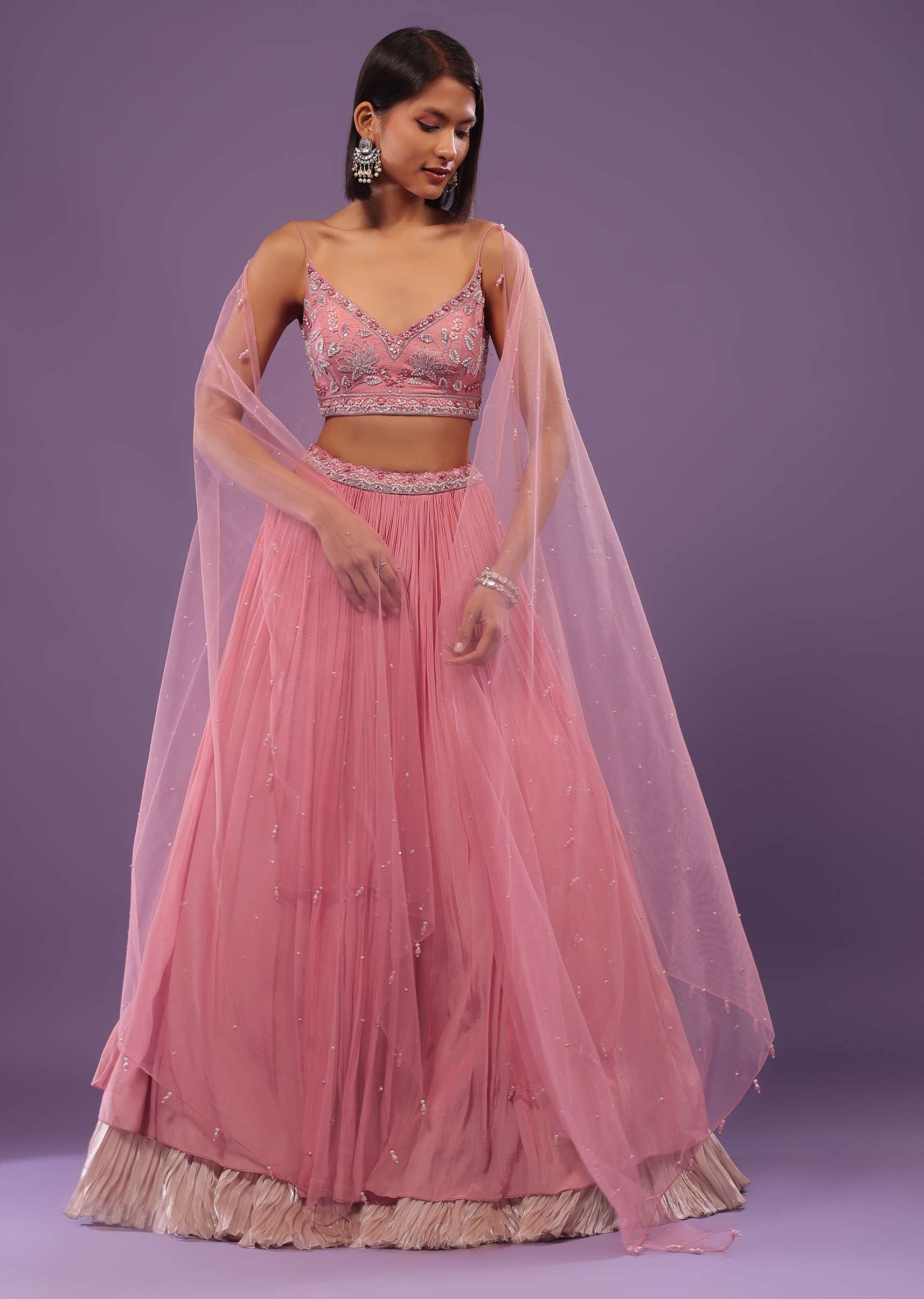 Petal Pink Embroidered Bridesmaid Lehenga Set In Crepe