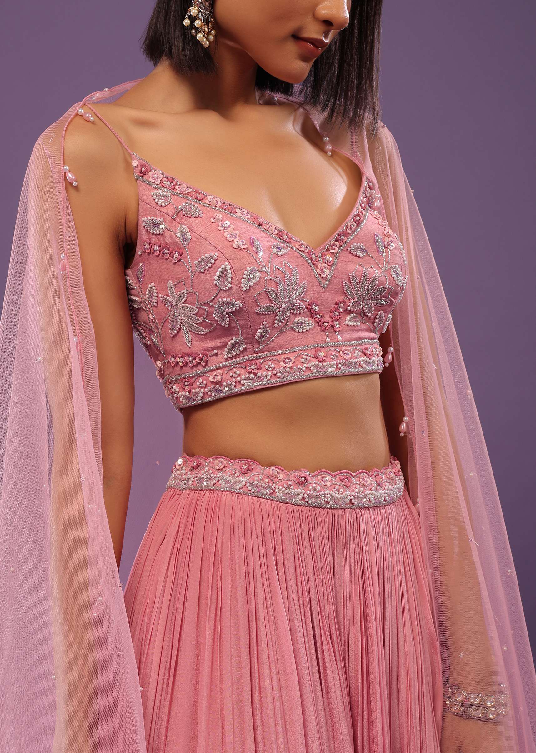 Petal Pink Embroidered Bridesmaid Lehenga Set In Crepe