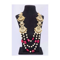 Kundan and moti studded long necklace with multi layer chain in cream pearls and pink marble bead only on kalki
