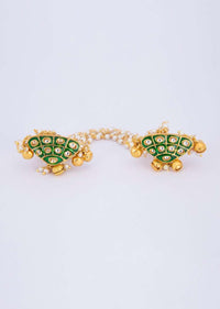 Kundan studded green rings with attached nano moti stings only on Kalki