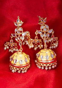 Kundan studded jadau earring with yellow jhumkas only on kalki