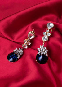 Kundan studded long drop earring with navy blue semi precious stone drop  only on Kalki