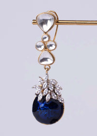 Kundan studded long drop earring with navy blue semi precious stone drop  only on Kalki