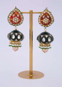 Kundan studded meenakari long drop earring with nano moti and gold earl drops only on kalki