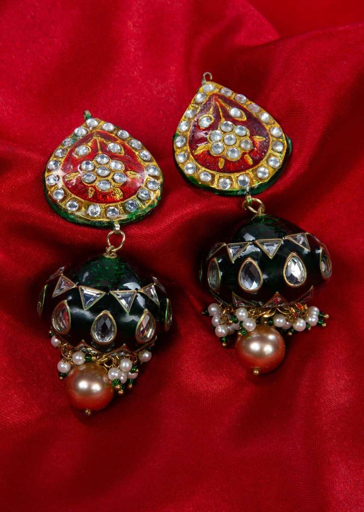 Kundan studded meenakari long drop earring with nano moti and gold earl drops only on kalki