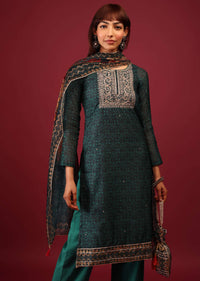 Deep Green Palazzo Suit In Tussar Silk With A Stunning Potli Bag
