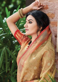 Latte Beige Banarasi Saree In Jacquard Silk With Weaved Moroccan Jaal And Coral Border Online - Kalki Fashion