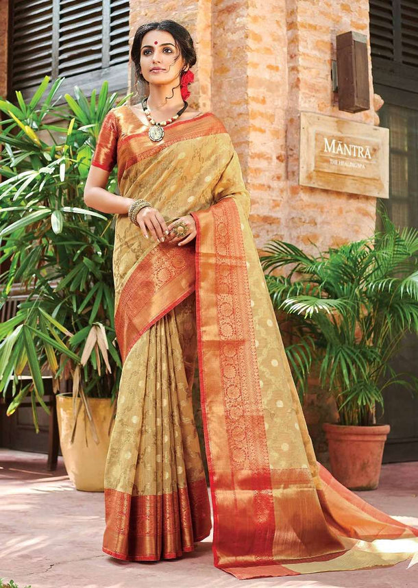 Latte Beige Banarasi Saree In Jacquard Silk With Weaved Moroccan Jaal And Coral Border Online - Kalki Fashion