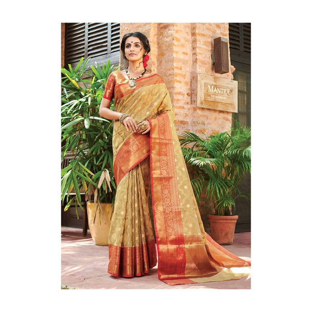 Latte Beige Banarasi Saree In Jacquard Silk With Weaved Moroccan Jaal And Coral Border Online - Kalki Fashion