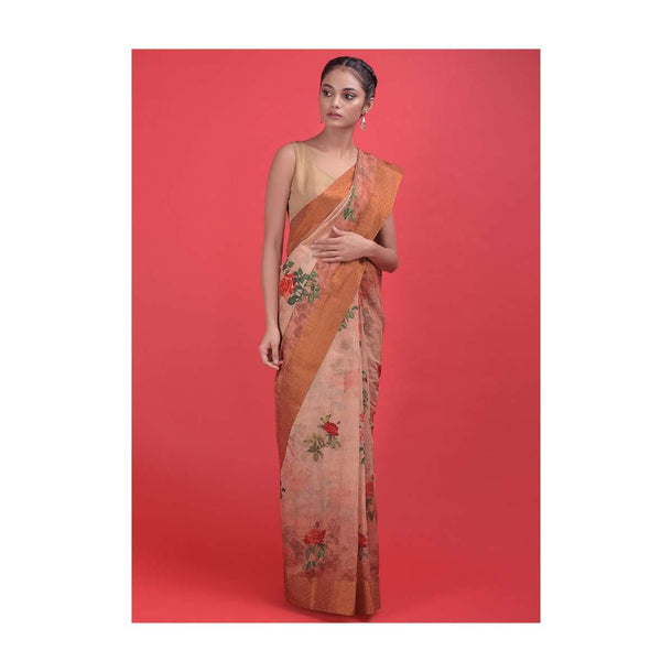 Latte Beige Saree In Cotton Silk With Floral Print Buttis And Kundan Online - Kalki Fashion