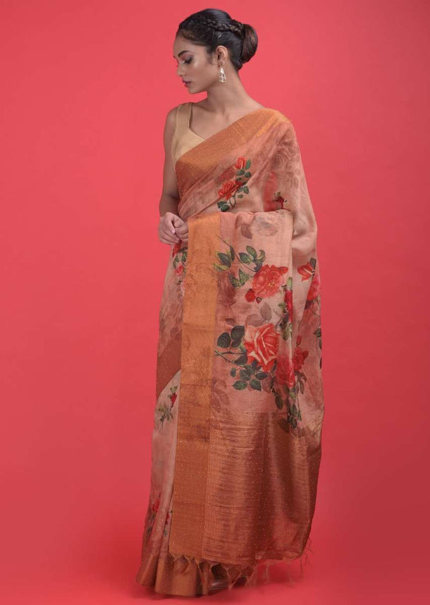 Latte Beige Saree In Cotton Silk With Floral Print Buttis And Kundan Online - Kalki Fashion