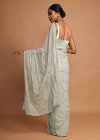 Laurel Green Saree In Net With Stone And Moti Embroidered Checks And Floral Motifs Online - Kalki Fashion