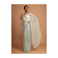 Laurel Green Saree In Net With Stone And Moti Embroidered Checks And Floral Motifs Online - Kalki Fashion