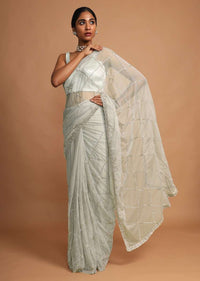 Laurel Green Saree In Net With Stone And Moti Embroidered Checks And Floral Motifs Online - Kalki Fashion