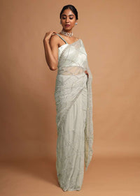 Laurel Green Saree In Net With Stone And Moti Embroidered Checks And Floral Motifs Online - Kalki Fashion