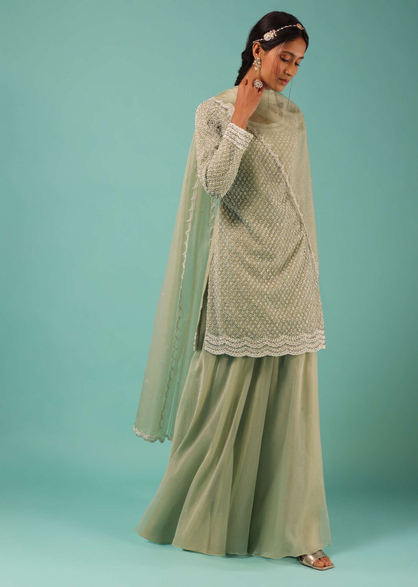 Pista Green Palazzo Suit With Embroidered Mesh Design