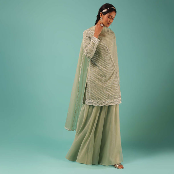 Pista Green Palazzo Suit With Embroidered Mesh Design