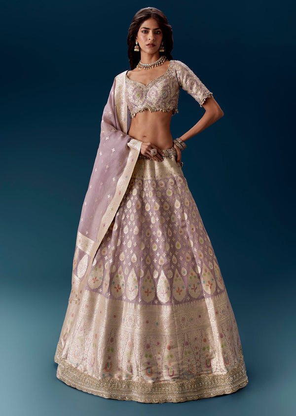 Lavender Banarasi Bridal Lehengas With Embroidered Blouse And Dupatta