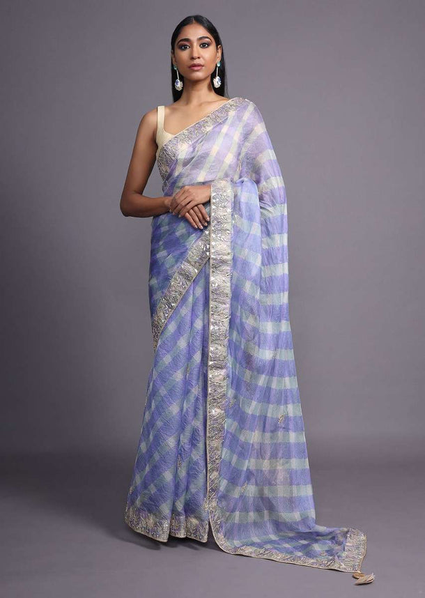 Lavender Blue Saree With Shibori Print And Gotta Patti Embroidered Floral Buttis And Border Online - Kalki Fashion