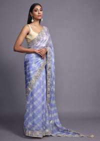 Lavender Blue Saree With Shibori Print And Gotta Patti Embroidered Floral Buttis And Border Online - Kalki Fashion