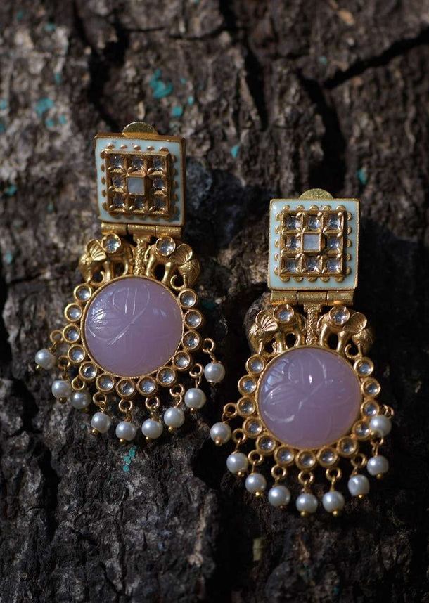 Lavender Carved Stone Earrings In With Elephant Motifs, Dangling Pearls And Kundan Work