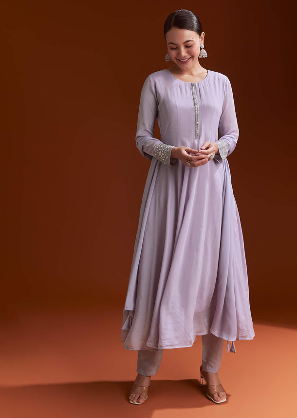 Lavender Chinon Anarkali Suit With Beads And Stone Work