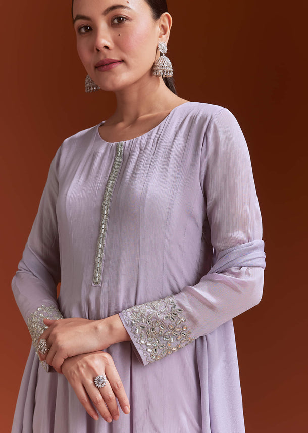 Lavender Chinon Anarkali Suit With Beads And Stone Work