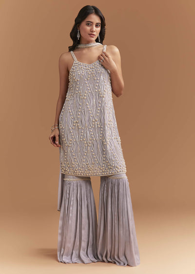 Lavender Chinon Sharara Suit With Beads And Moti Work