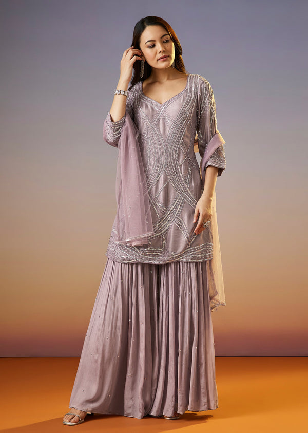Lavender Embellished Chinon Sharara Suit With Dupatta