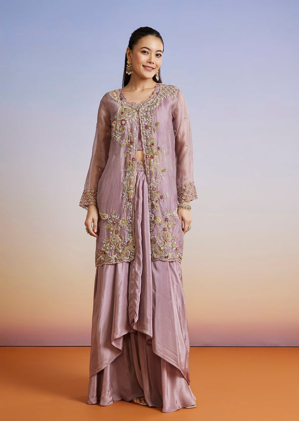 Lavender Embroidered Organza Jacket And Crepe Skirt Set
