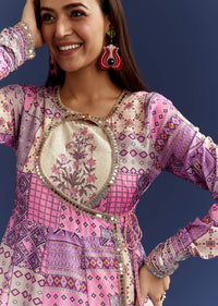 Lavender Floral Gotta Lace Kurta With Angrakha Jacket