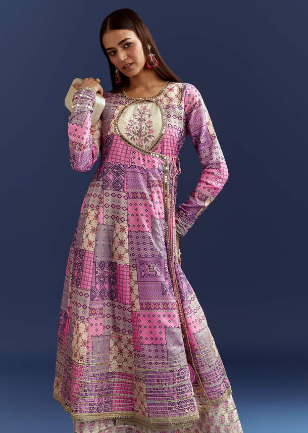 Lavender Floral Gotta Lace Kurta With Angrakha Jacket