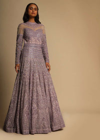 Lavender Gown In Net Heavily Embroidered Using Sequins, Resham, And Cut Dana Work In Intricate Moroccan Kali Design Online - Kalki Fashion