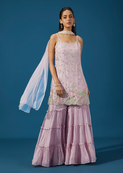 Lavender Organza Sharara Suit With Floral Patchwork And Cut Dana Embroidery