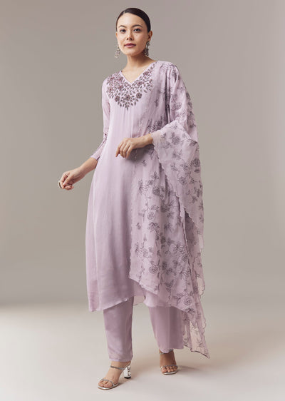 Lavender Pakistani Style Kurta Set With Beads Sequins And Cut Dana Work And Dupatta