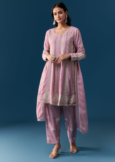 Lavender Pastel Pakistani Style Anarkali Suit With Thread Work