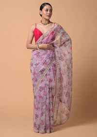 Lavender Pink Saree In Organza With Floral Print And Moti Accents Online - Kalki Fashion