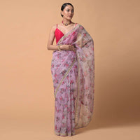 Lavender Pink Saree In Organza With Floral Print And Moti Accents Online - Kalki Fashion