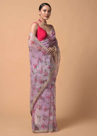 Lavender Pink Saree In Organza With Floral Print And Moti Accents Online - Kalki Fashion