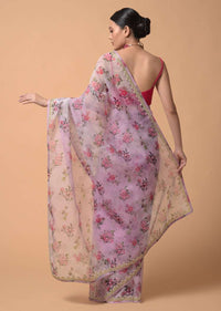 Lavender Pink Saree In Organza With Floral Print And Moti Accents Online - Kalki Fashion