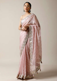 Lavender Purple Saree In Organza With Lurex Stripes And Gotta Patti Border Along With Unstitched Blouse