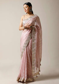 Lavender Purple Saree In Organza With Lurex Stripes And Gotta Patti Border Along With Unstitched Blouse