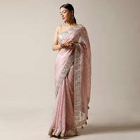 Lavender Purple Saree In Organza With Lurex Stripes And Gotta Patti Border Along With Unstitched Blouse