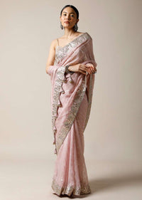 Lavender Purple Saree In Organza With Lurex Stripes And Gotta Patti Border Along With Unstitched Blouse