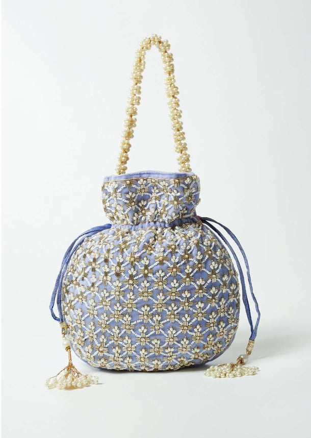Lavender Potli Bag In Velvet With Cut Dana And Beads Embroidered Jaal